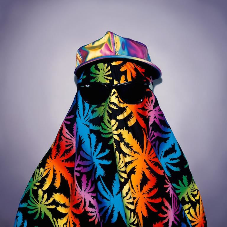 Jeff Ramirez painting of figure under weed / rainbow sheet with sunglasses