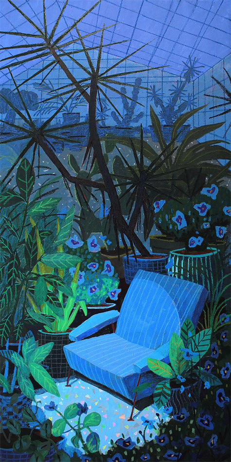 painting of a blue interior, filled with various plants and a blue chair by Nicholas Bono Kennedy