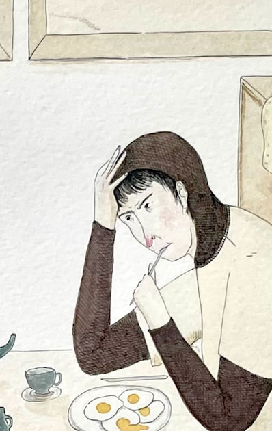 detail image of a woman eating eggs
