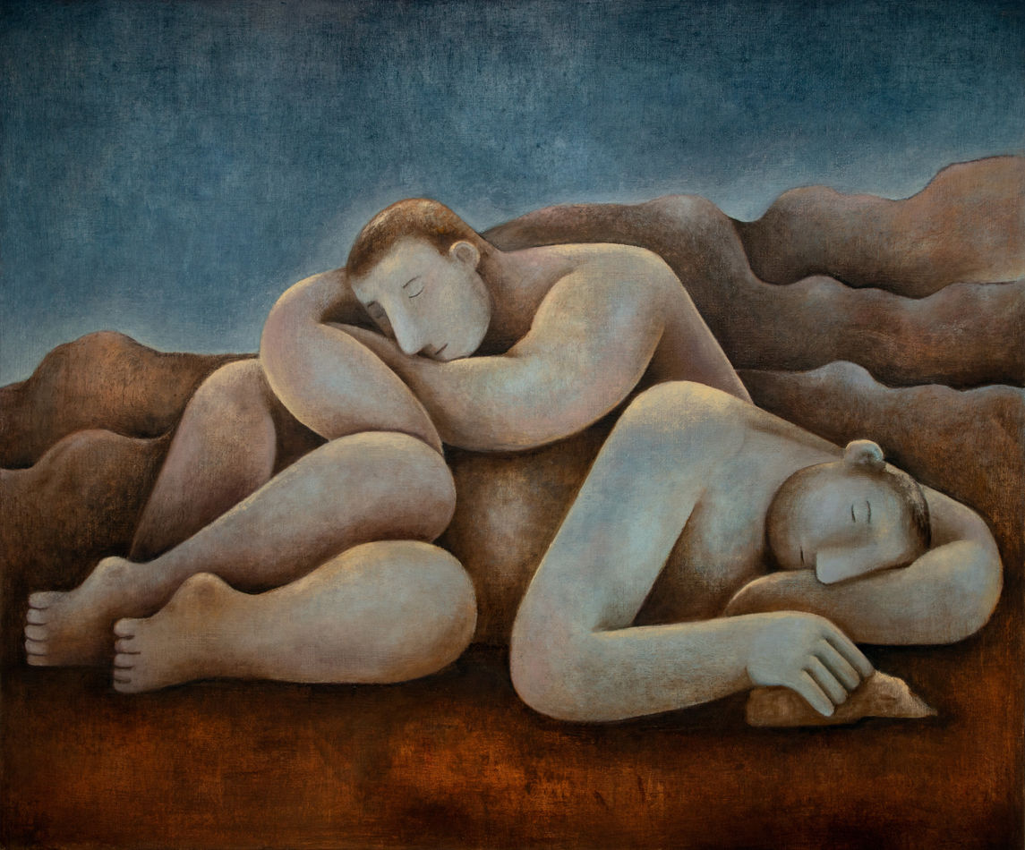 painting of two men resting on one another in a desert landscape by Carlos Rodriguez
