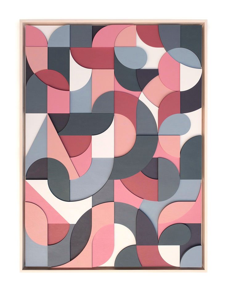Scott Albrecht wood relief painting in pink and blue tones