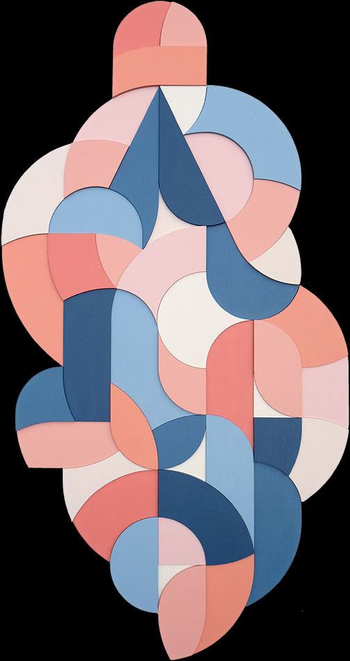 Free form multicolor wood sculptural piece made up of spiral shapes and curves by artist Scott Albrecht