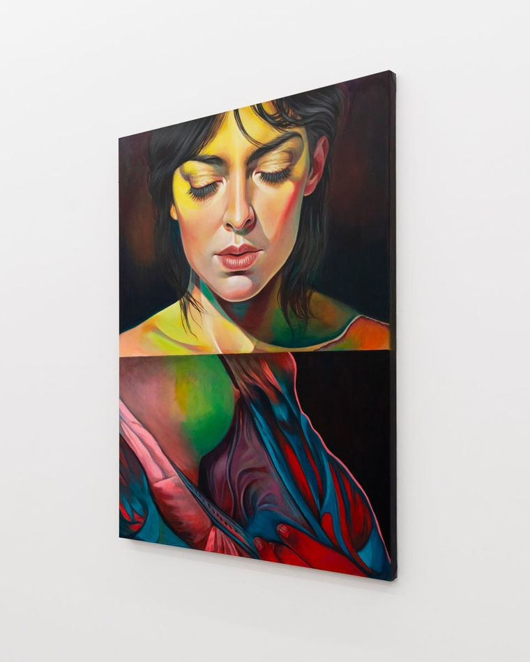 Painting of a woman in two panels one showing her face with her eyes closed, the other a side profile of her exposed breast