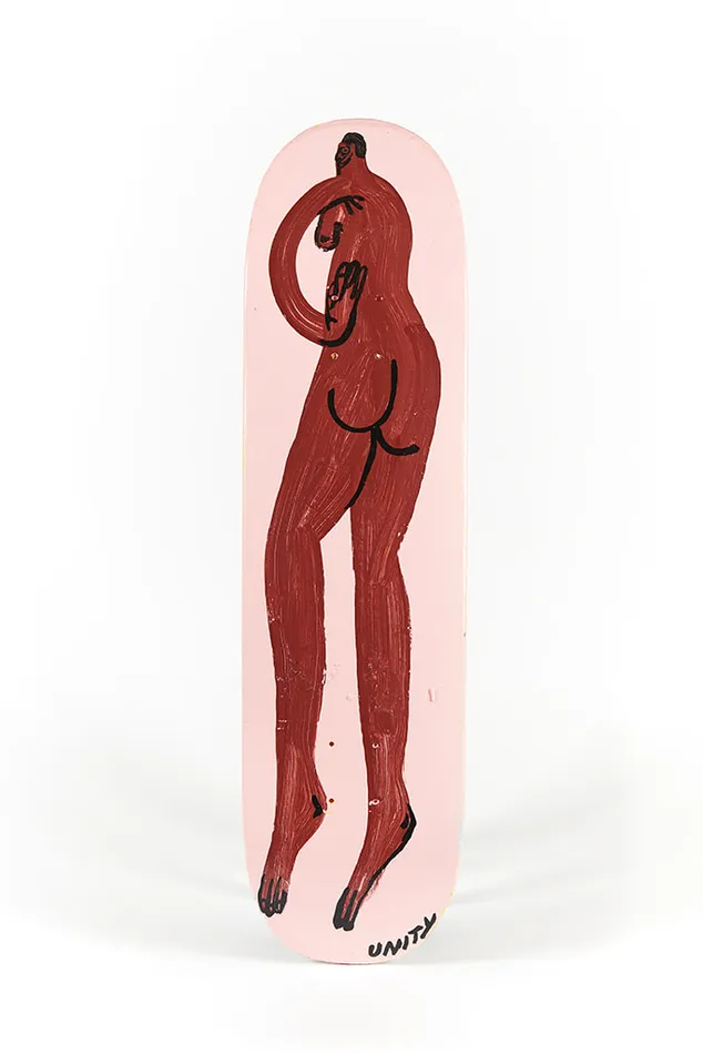 skateboard deck with nude figure on pink background