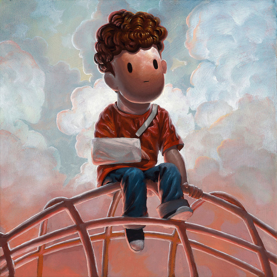 painting of a child sitting on a playground with a hurt arm