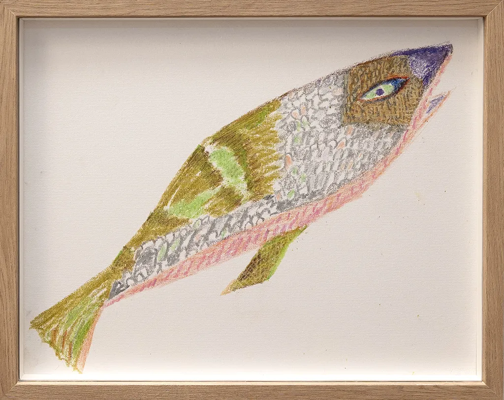 Framed drawing of a green fish with grey scales and pink details