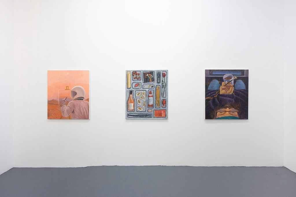 Installation photo of artwork on a white wall next to other paintings