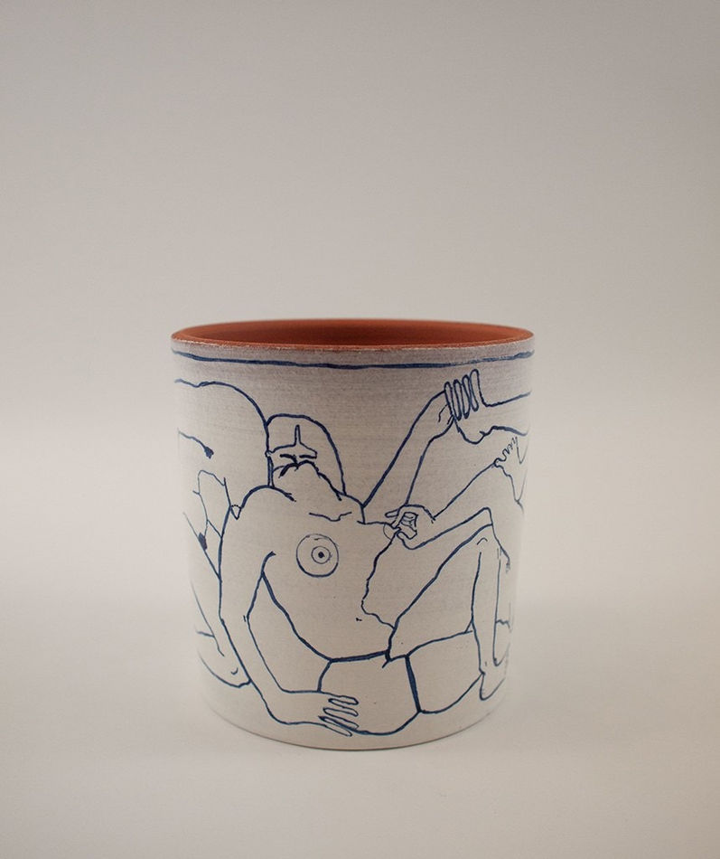 Mattie Hinkley ceramic vase with naked humans painted around the perimeter