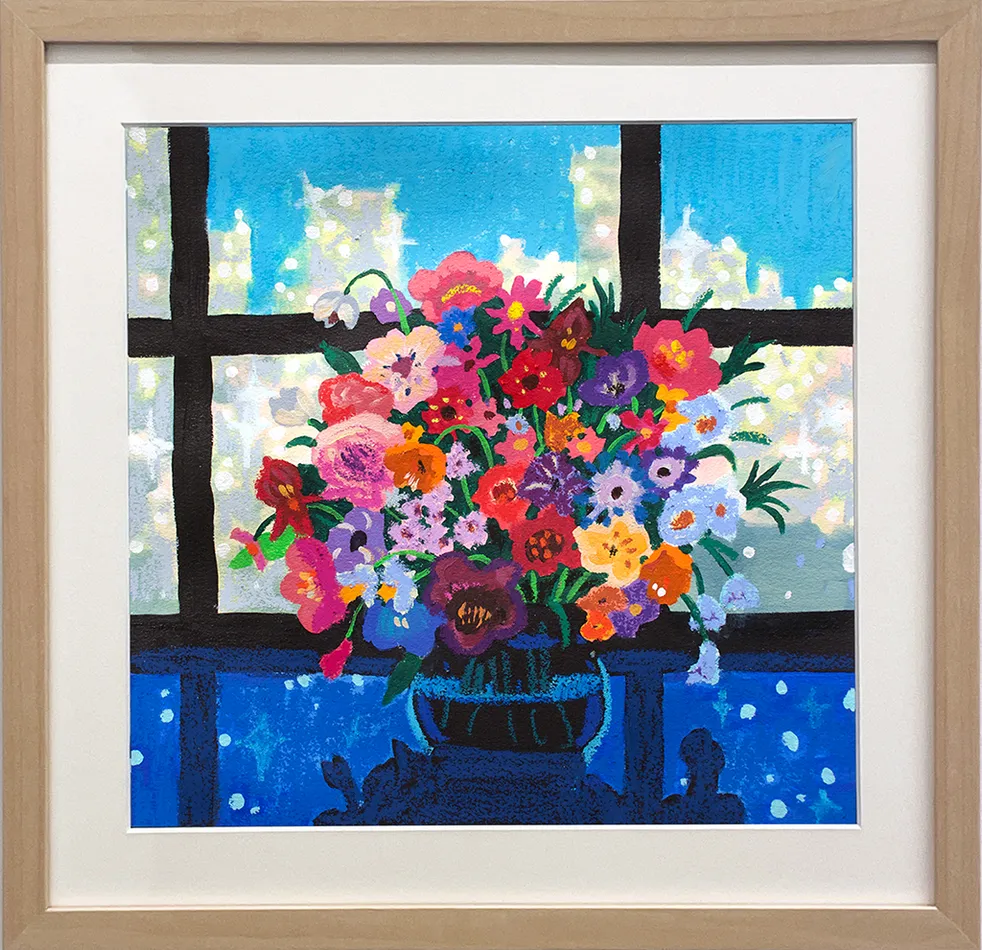 Pastel drawing of rainbow colored flowers in a vase in front of a window