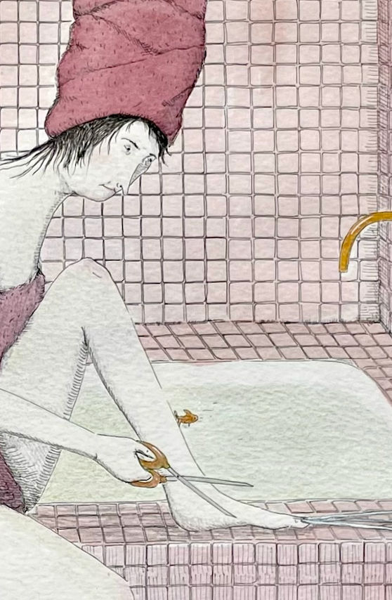 detail image of a woman sitting on the bathtub in a towel cutting her toenails with scissors
