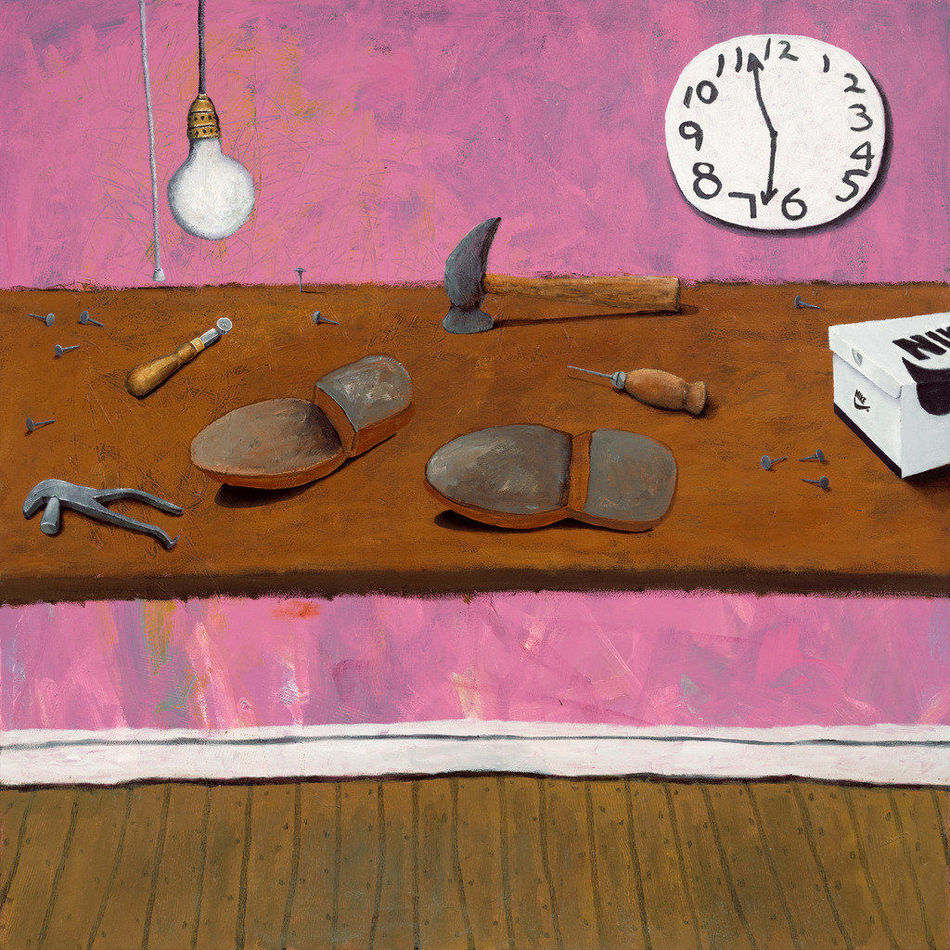 Painting of a a wooden table with two shoes turned upside down on top of the table surrounded by a several tools. Above the desk is a hanging light bulb and in the background is a circular clock and the wall is painted light pink.
