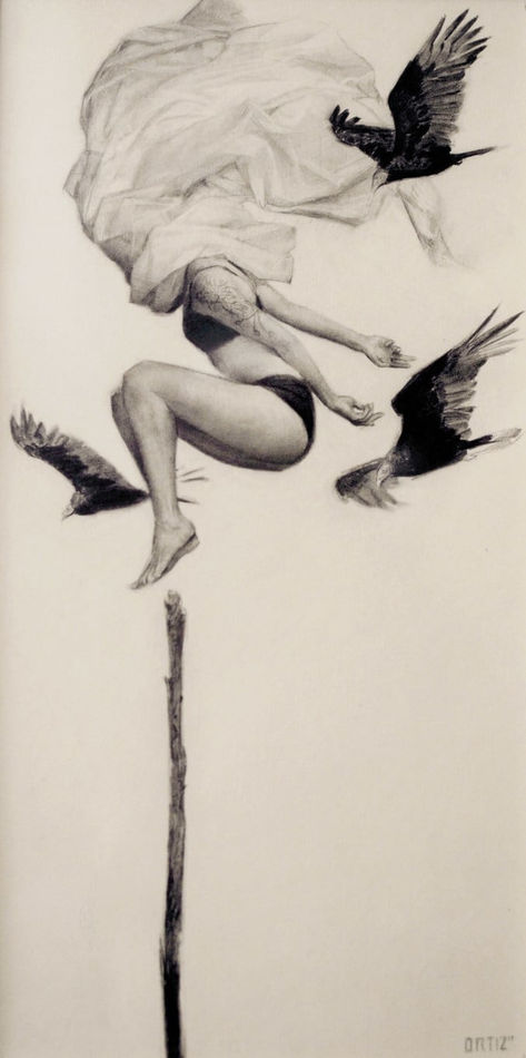 Karla Ortiz graphite drawing of figure jumping and birds