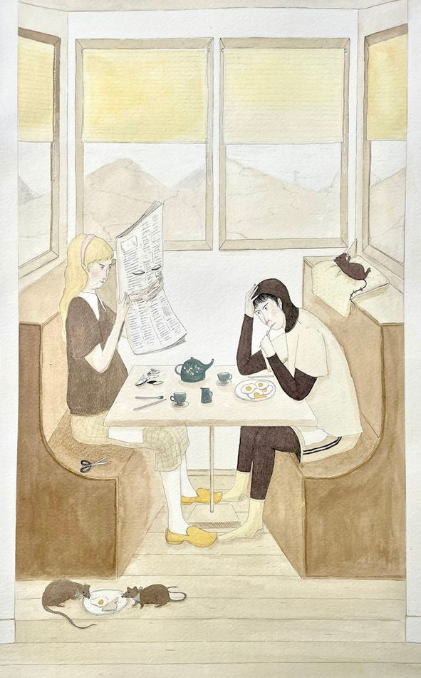 painting of two women sitting at a diner, one eating and one reading a newspaper, Around them are little rats eating or lounging.