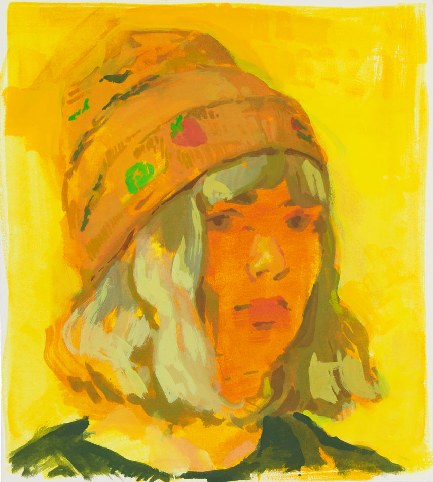 Painting of a woman in a yellow color scheme