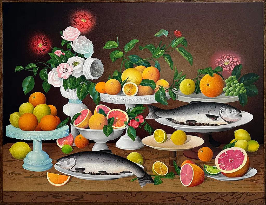 painting by Alan Miknis depicting slivers of and abstracted shapes that slightly resemble Sponge Bob