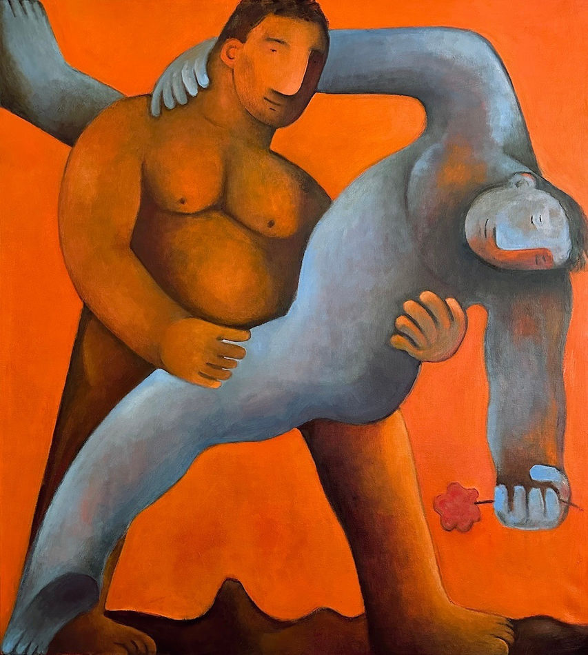 Carlos Rodriguez - painting of two nude men. The man on the left is holding the man on the right around his waist. The man on the right was painted with blue shades and has one hand holding a red flower. the background is bright orange.