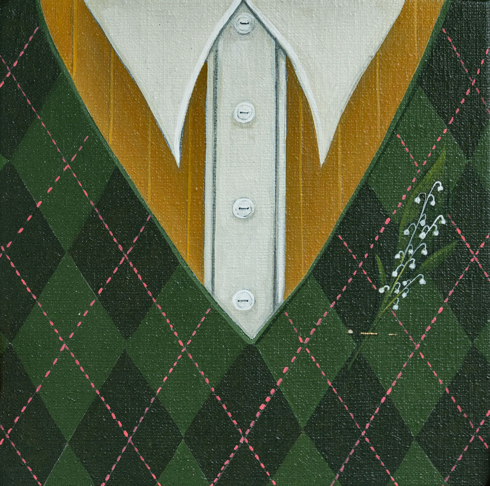 Painting by Angela Burson of a close up of a green argyle sweater