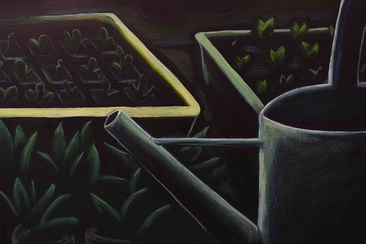 detail of Grace Tobin painting - greenhouse sprouts in dark, watering can in foreground