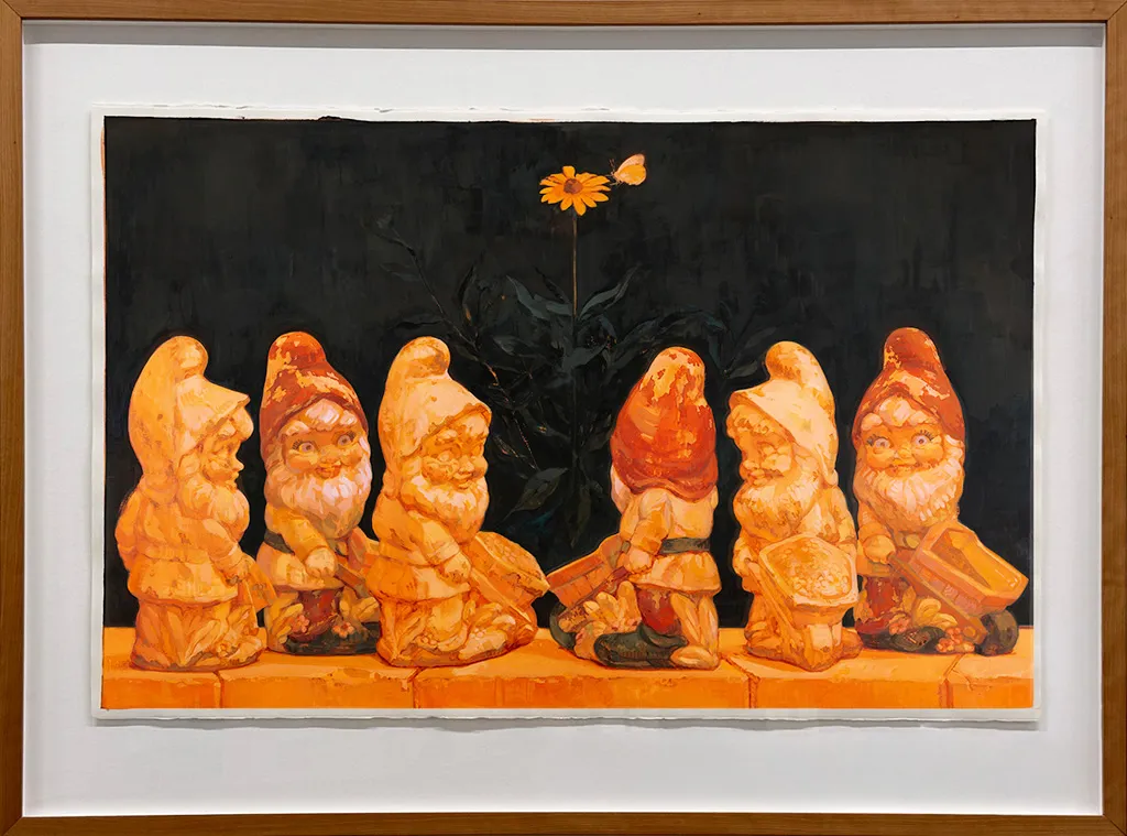 Framed Painting by Rachel Gregor of six gnomes and a yellow flower