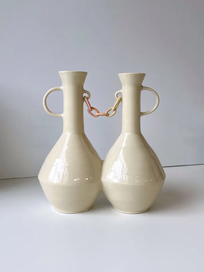 Mimi ceramics two vases attached by a colorful chain