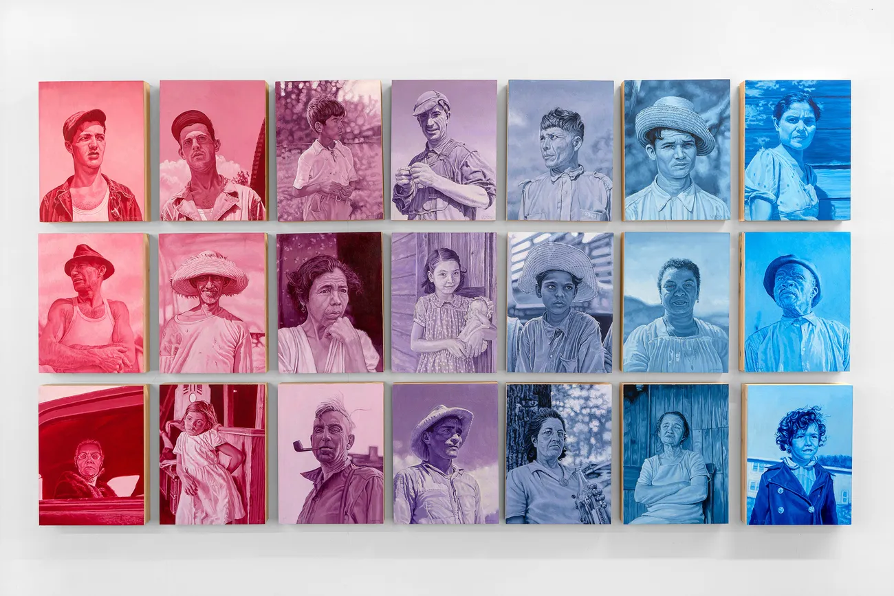 Joel Daniel Phillips - series of small vertical oriented portraits in a grid in colors gradating from red to blue