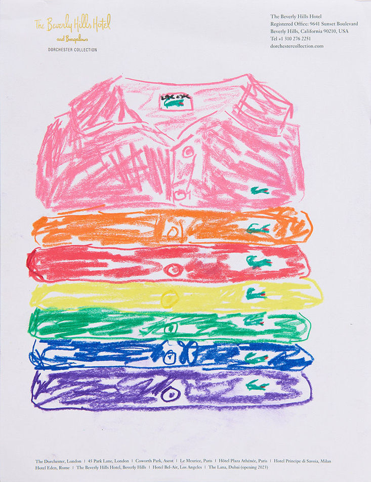 Drawing of a stack of different color Lactose polos on hotel stationery