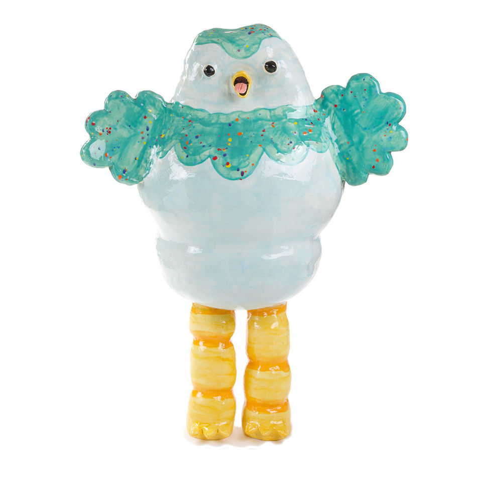 Katie Kimmel's ceramic sculpture of a blue chick with yellow legs