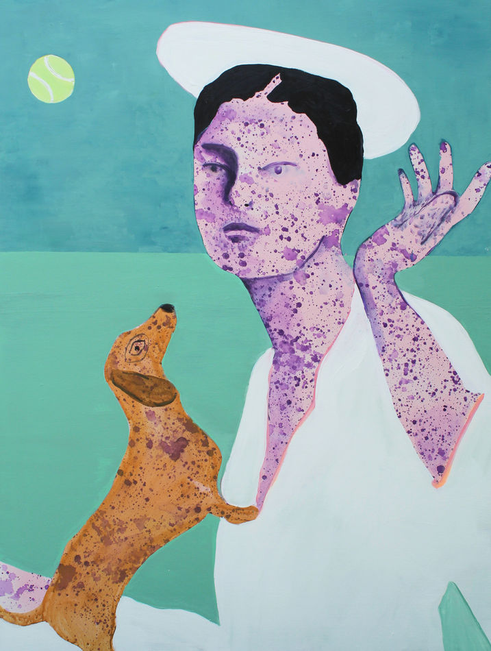 Erin Armstrong - painting of a woman painted in purple with dark purple dots and a small dachshund crawling up her chest on a blue background with a small yellow moon in the back.