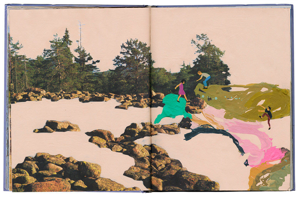 Open face book with its center fold painted a soft pink, the paint strategically exposing or covering parts of the book's original photograph depicting a rocky forest landscape. Painting done by artist Seonna Hong