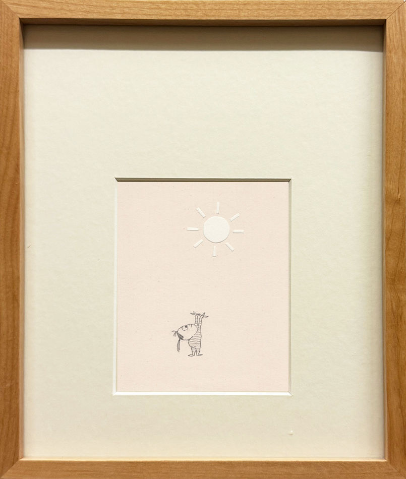 Framed drawing of a little girl in a striped outfit reaching up towards the sun