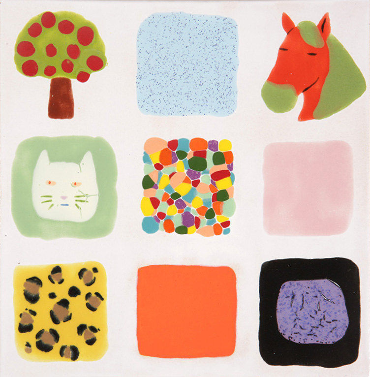 one of four ceramic tiles with nine squares, each containing either a pattern, an animal, or organic shape by Lorien Stern