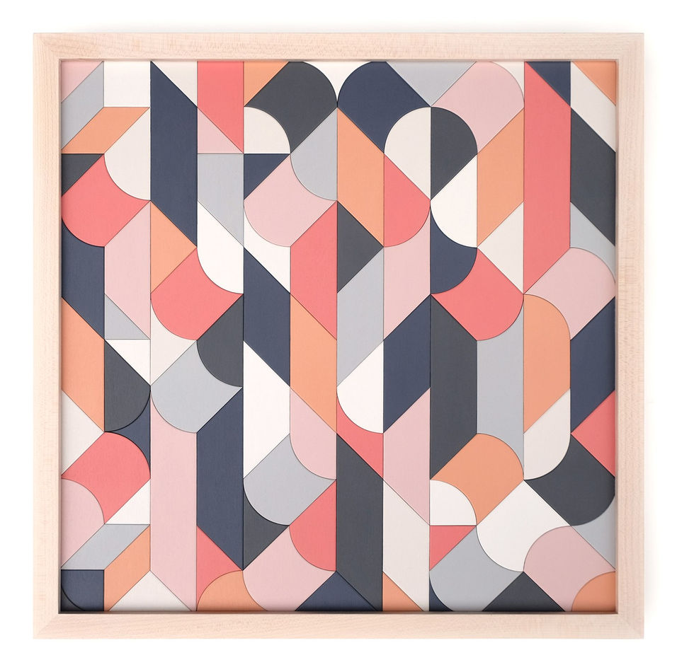 Scott Albrecht wood relief painting in orange, coral and blue tones