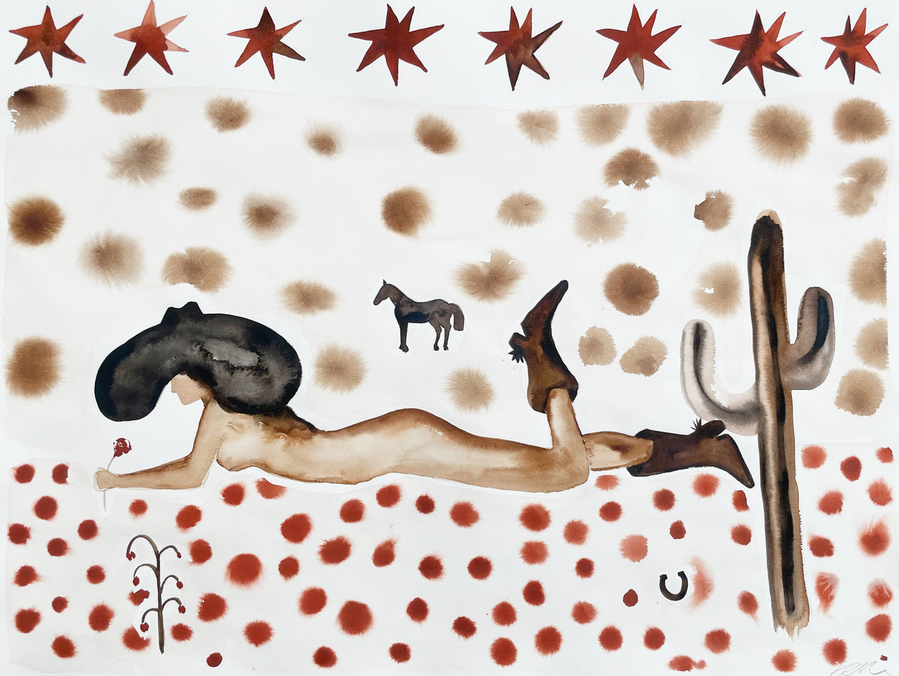 Painting of a naked woman laying down on the ground wearing a black cowboy hat and brown cowboy boots around a desert landscape