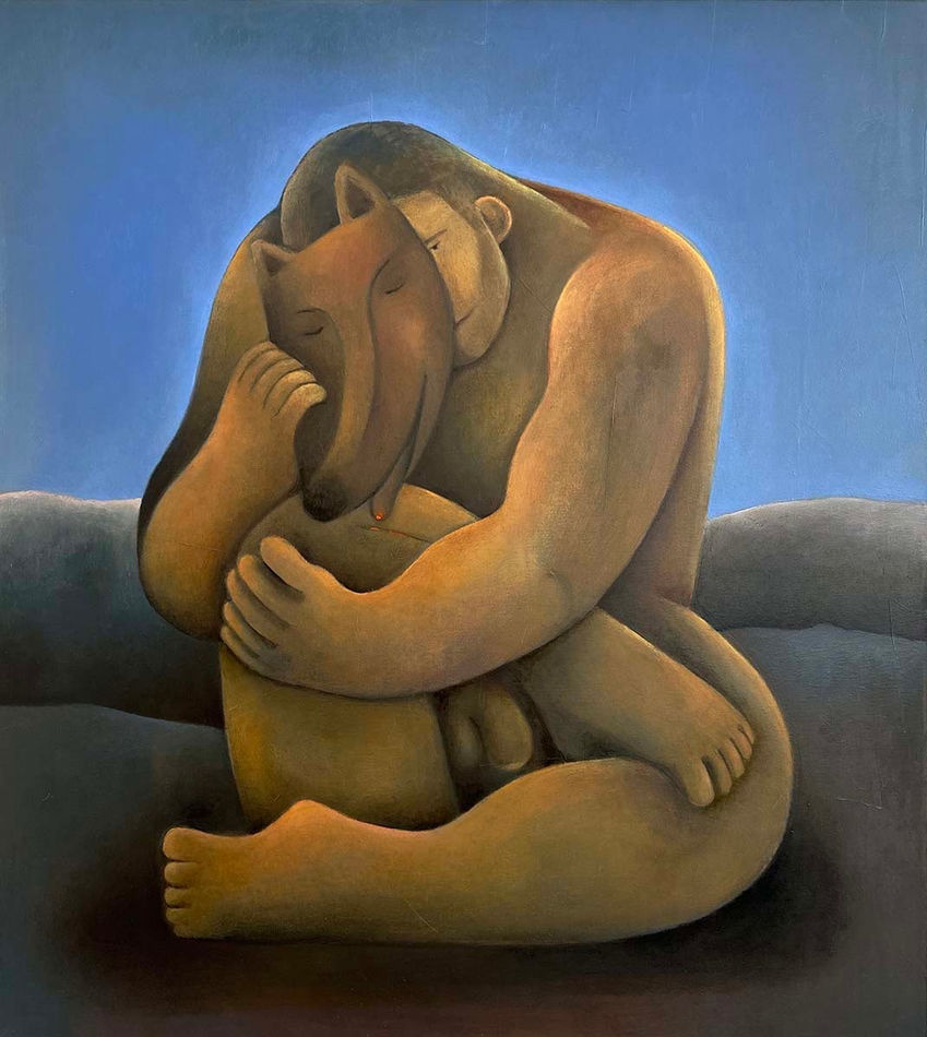 Carlos Rodriguez - painting of a man with a fox mask. He is sitting down with arm around his body almost like in a feeble position. the background is blue.