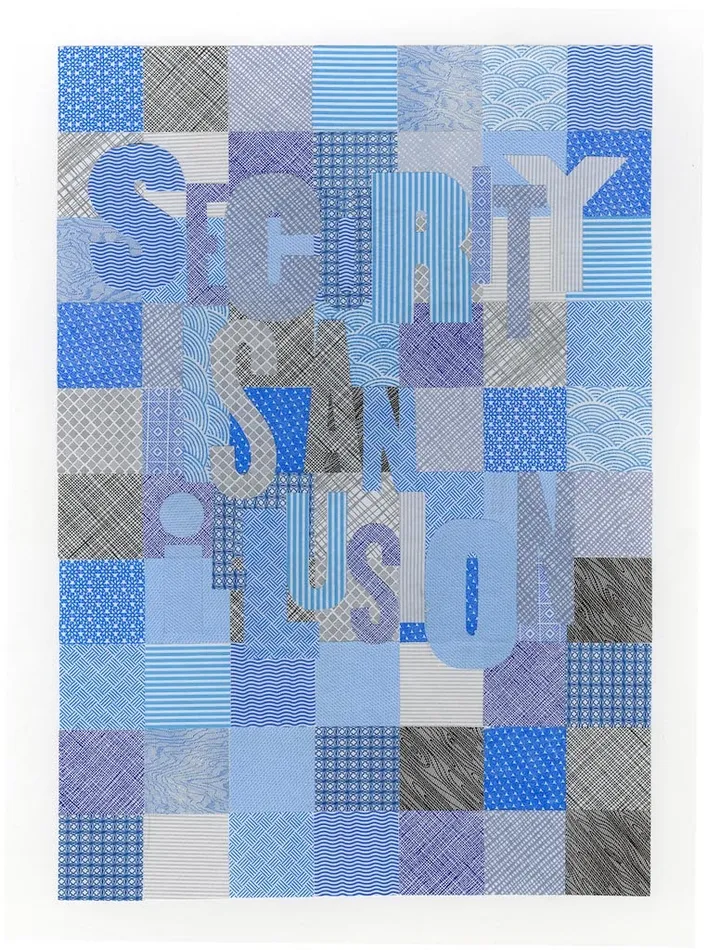 Greg Lamarche hand-cut collage 'Security is an Illusion' for 'A Sign of The Times' group exhibition