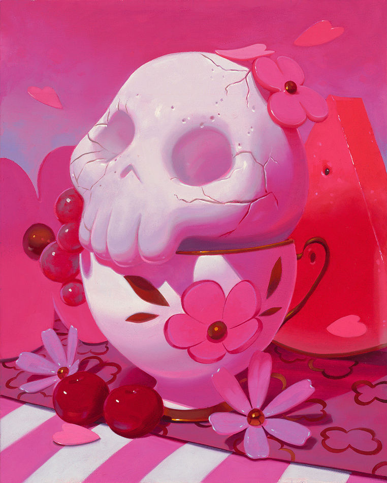 Megan Ellen MacDonald painting of floral teacup, skull on top and pink flowers scattered
