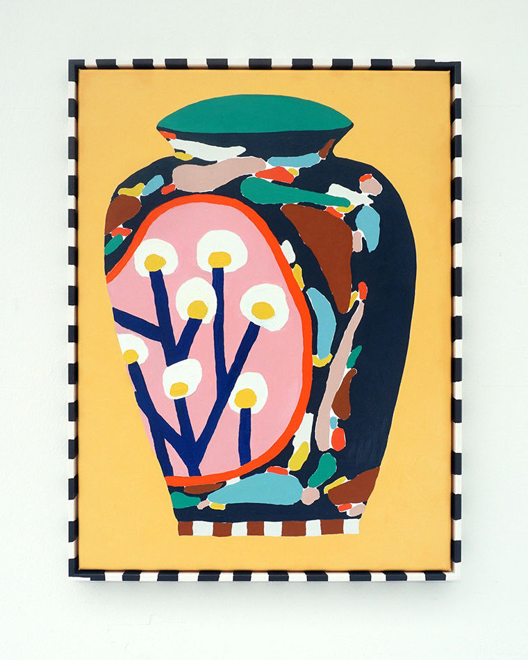 painting of a vase with flowers in it with a checkered frame