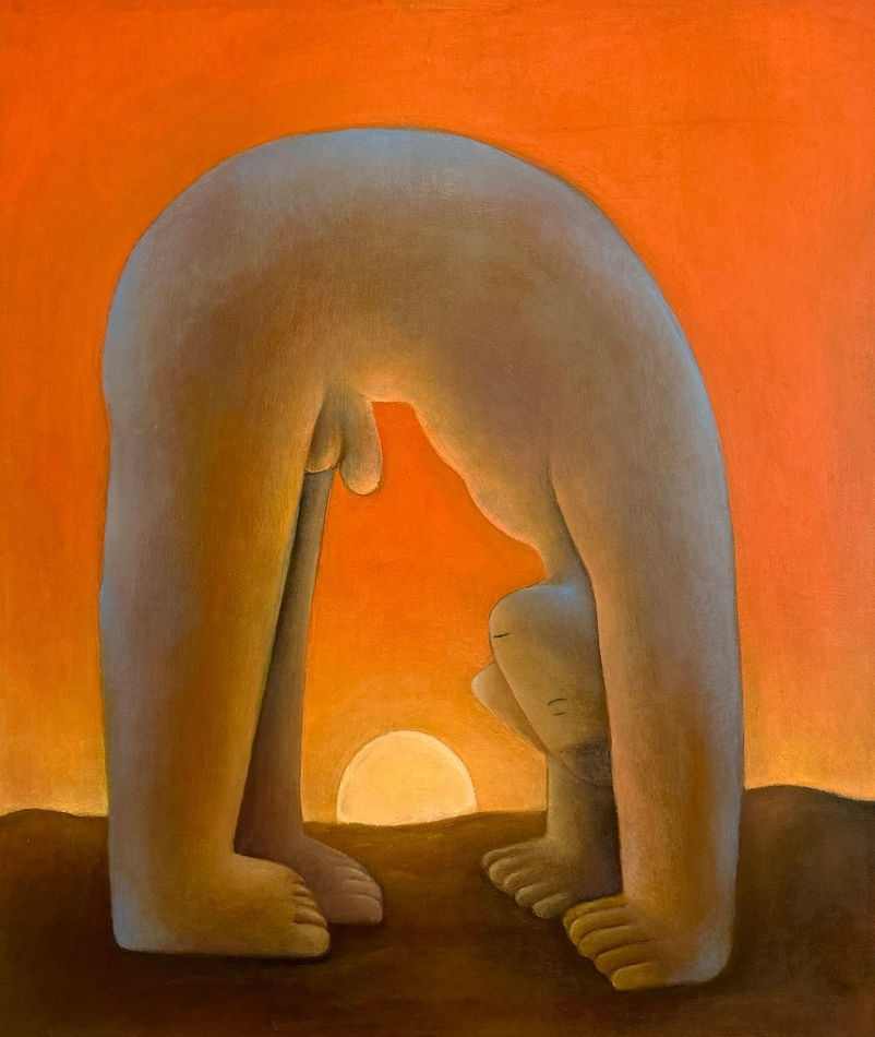 Carlos Rodriguez - painting of a man bended his waist with all of his legs and hands touching the ground. Between the arch fromed byt his body was the half sun at the horizon. The background is painted in bright orange.