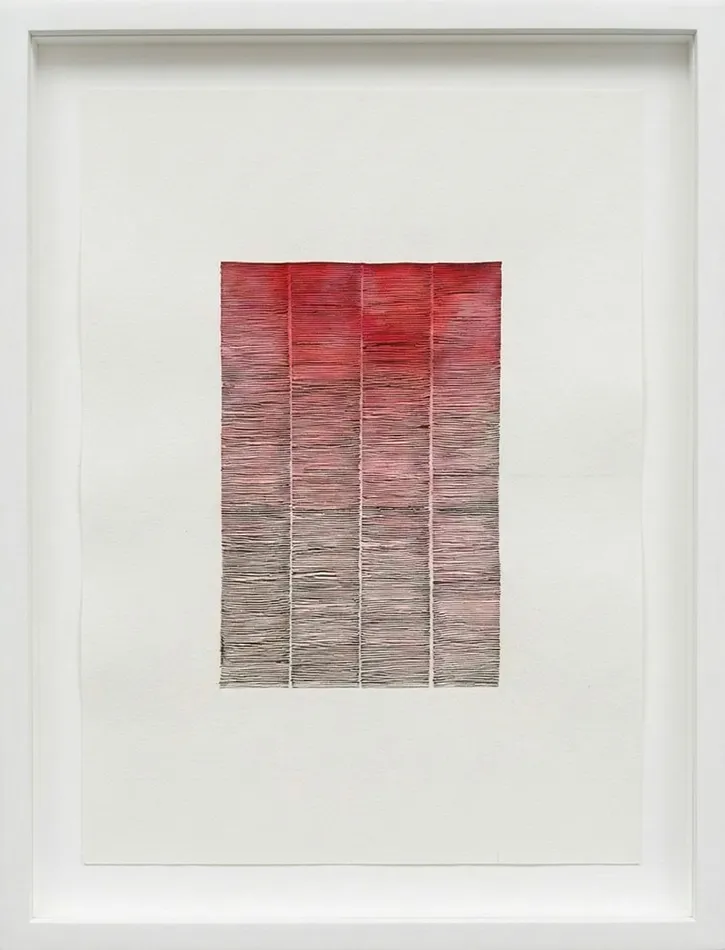 Ink and watercolor drawing of rectangles and lines with red