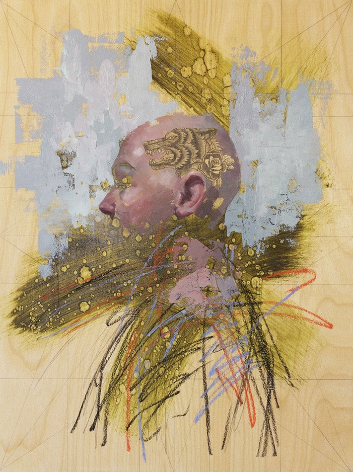 John Wentz semi abstract gold painting with portrait