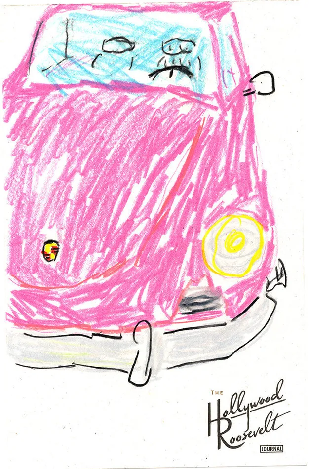 drawing by Michael McGregor of pink Porsche on the Hollywood Roosevelt stationary