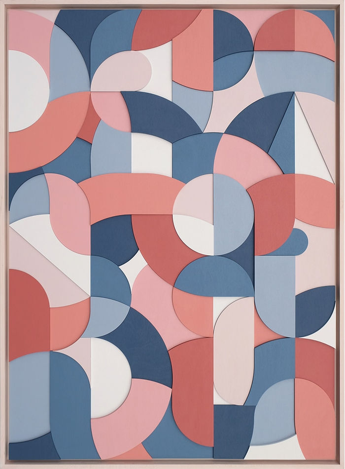 Framed multicolor wood relief sculptural piece made up of spiral shapes and curves by artist Scott Albrecht