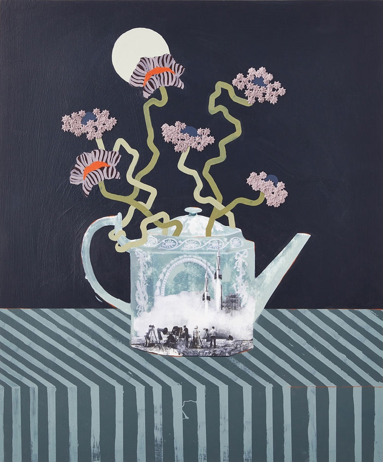 painting of flowers in a teapot on a striped surface and dark blue background