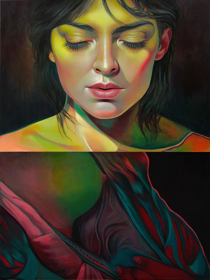 Painting of a woman in two panels one showing her face with her eyes closed, the other a side profile of her exposed breast