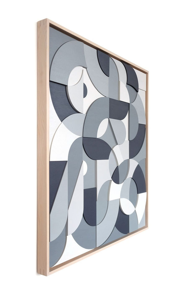 Scott Albrecht wood relief painting in gray tones
