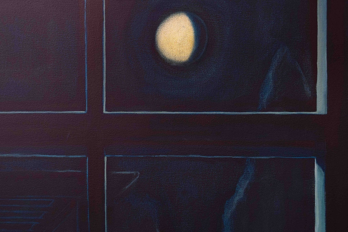 detail of Grace Tobin painting - windowpane and moon at night