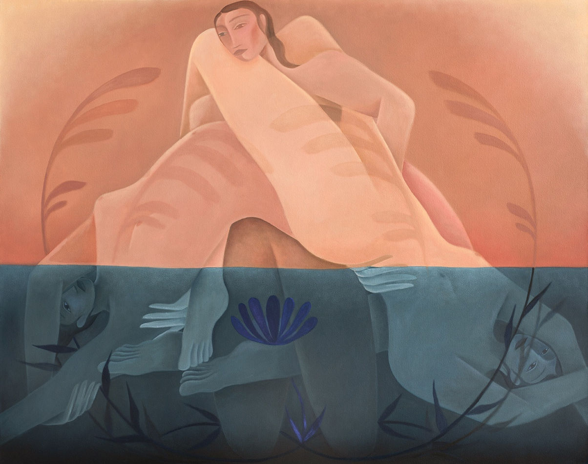 Painting by Laura Berger featuring three figures submerged half way underwater with aquatic plants surrounding them.