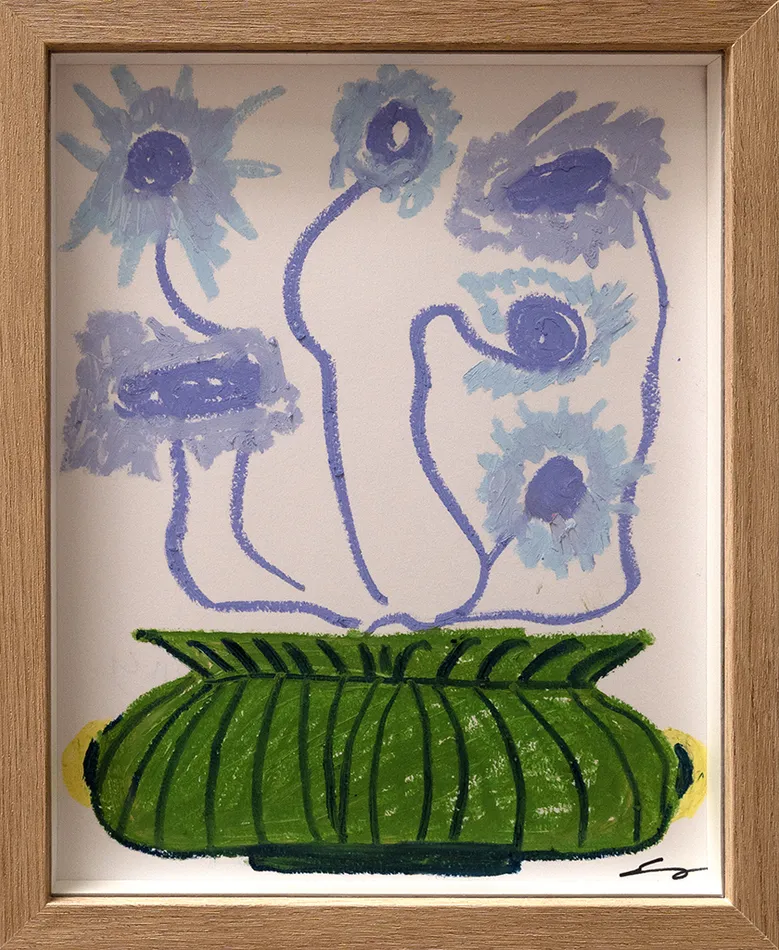 Framed drawing of purple and blue daisies in a green striped vase
