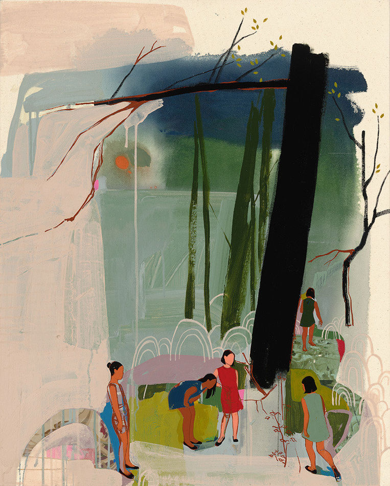 painting of an abstract landscape with multiple female figures amongst the trees by Seonna Hong