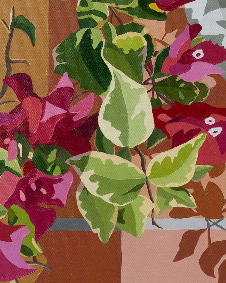 detail of Natalia Juncadella painting of tiles, orchid, oranges on plate and shadows